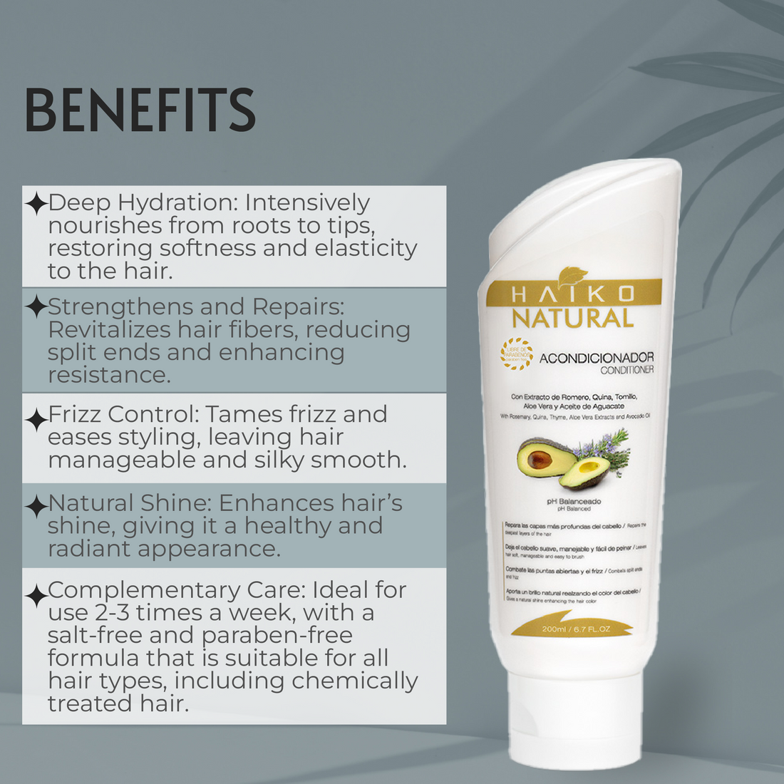 Conditioner with Avocado Oil and Natural Extracts - 200ml | Hydrates and Strengthens Hair | Salt-Free and Paraben-Free