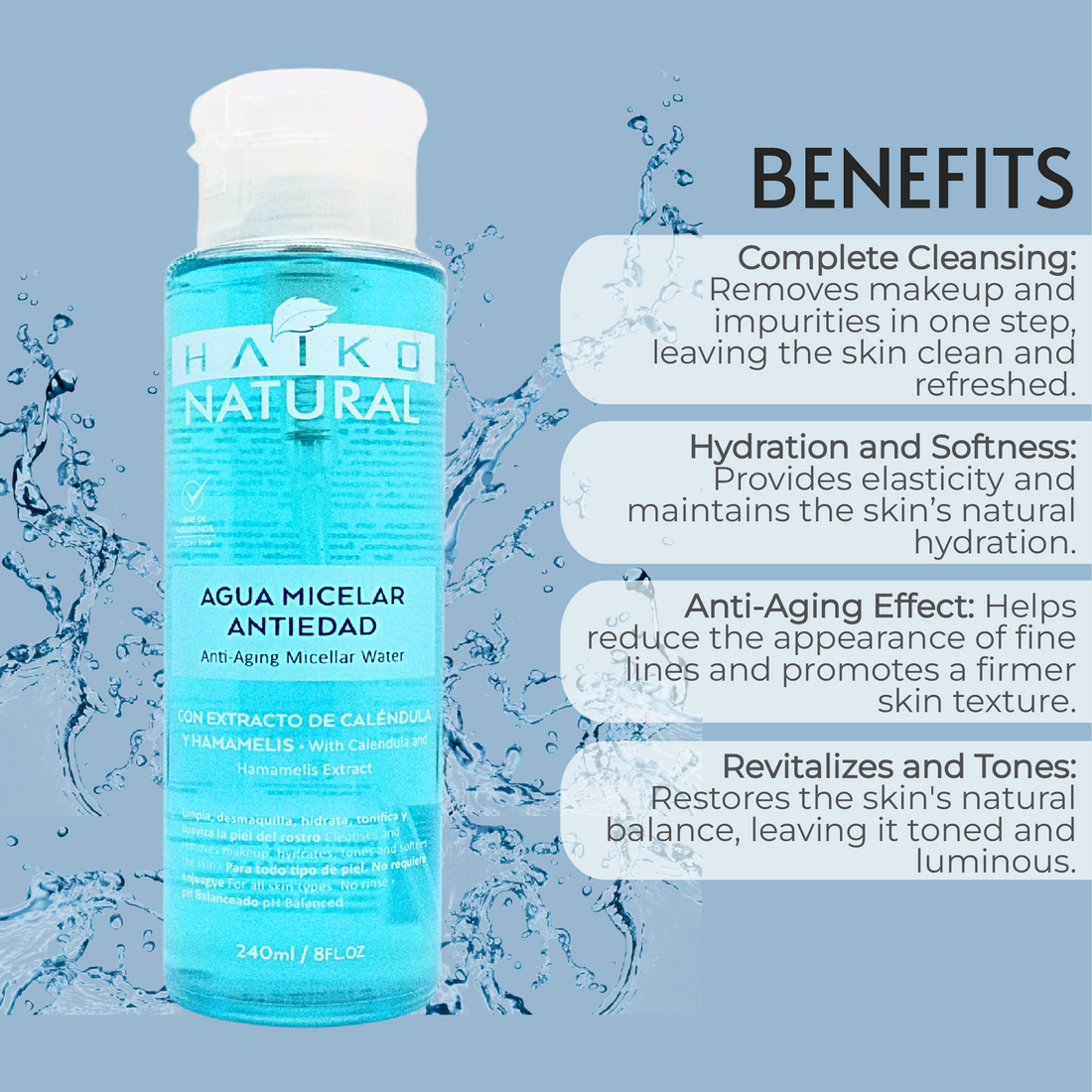 Anti-Aging Micellar Water with Calendula and Witch Hazel Extracts - 240ml | Cleanses, Hydrates, and Helps Tone | Paraben-Free