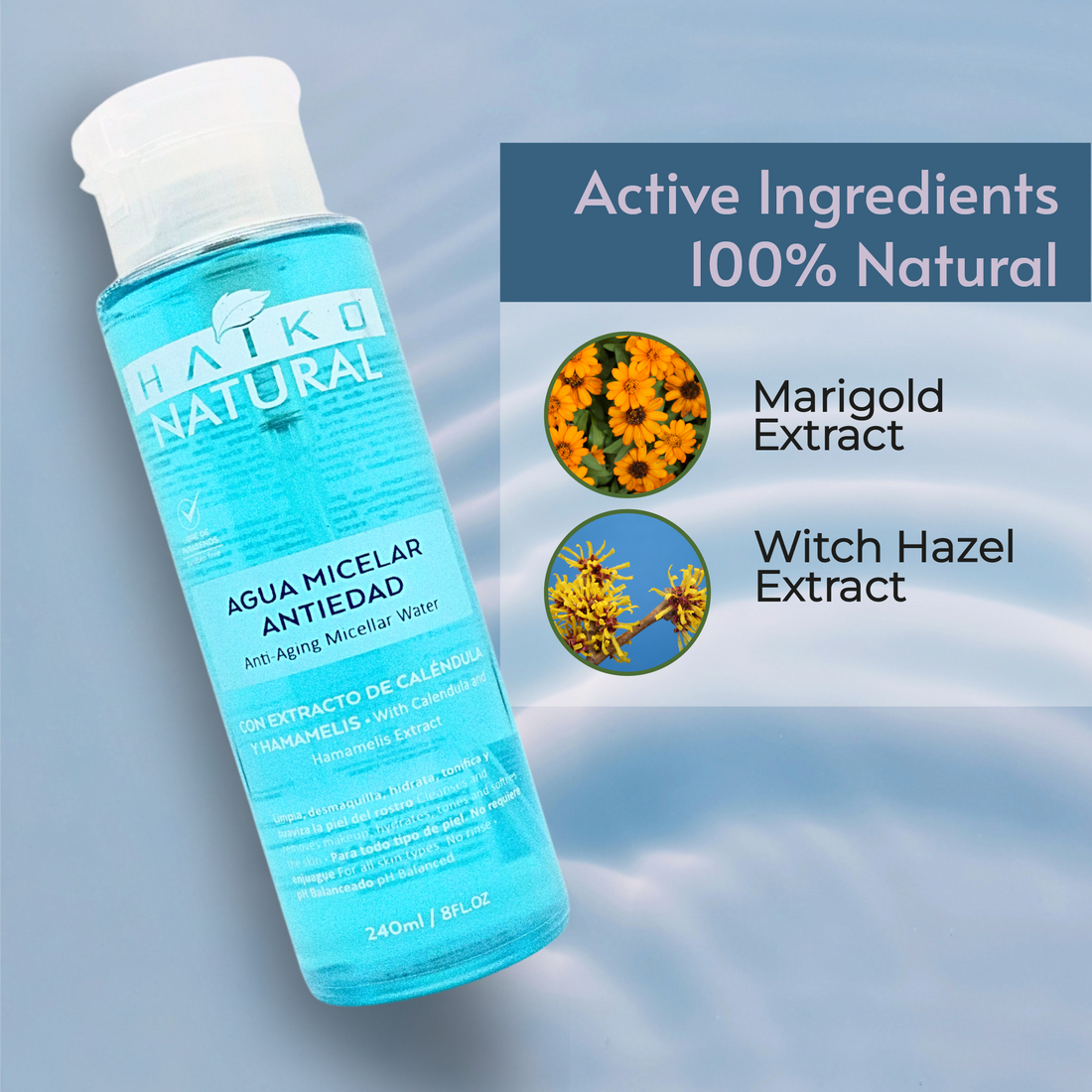 Anti-Aging Micellar Water with Calendula and Witch Hazel Extracts - 240ml | Cleanses, Hydrates, and Helps Tone | Paraben-Free