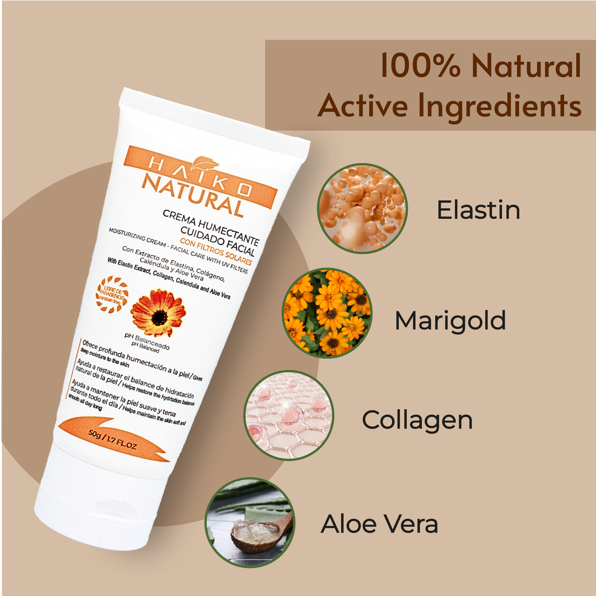 Moisturizing Face Care Cream with Elastin & Collagen - 50g | Deep Hydration & UV Protection | Paraben-Free