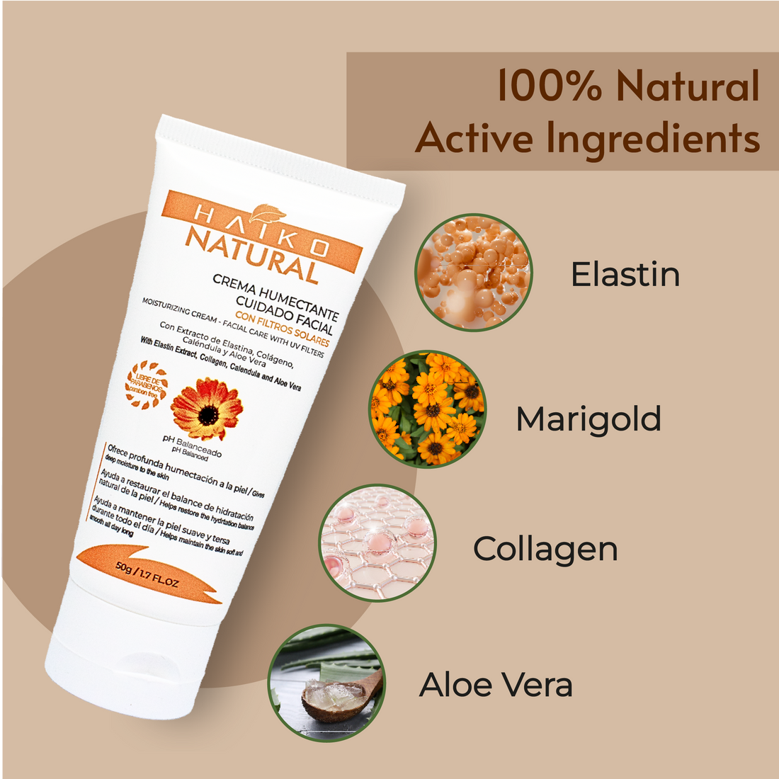 Moisturizing Face Care Cream with Elastin & Collagen - 50g | Deep Hydration & UV Protection | Paraben-Free