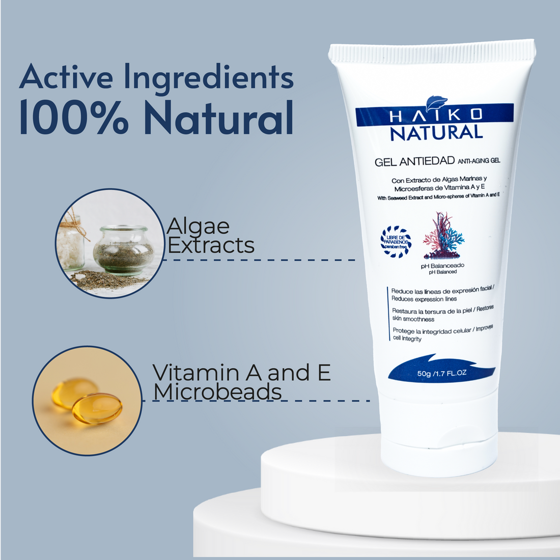 Anti-Aging Gel with Seaweed Extract and Vitamin A & E Microspheres - 50g | Helps Smooth Fine Lines | Deep Hydration | Paraben-Free