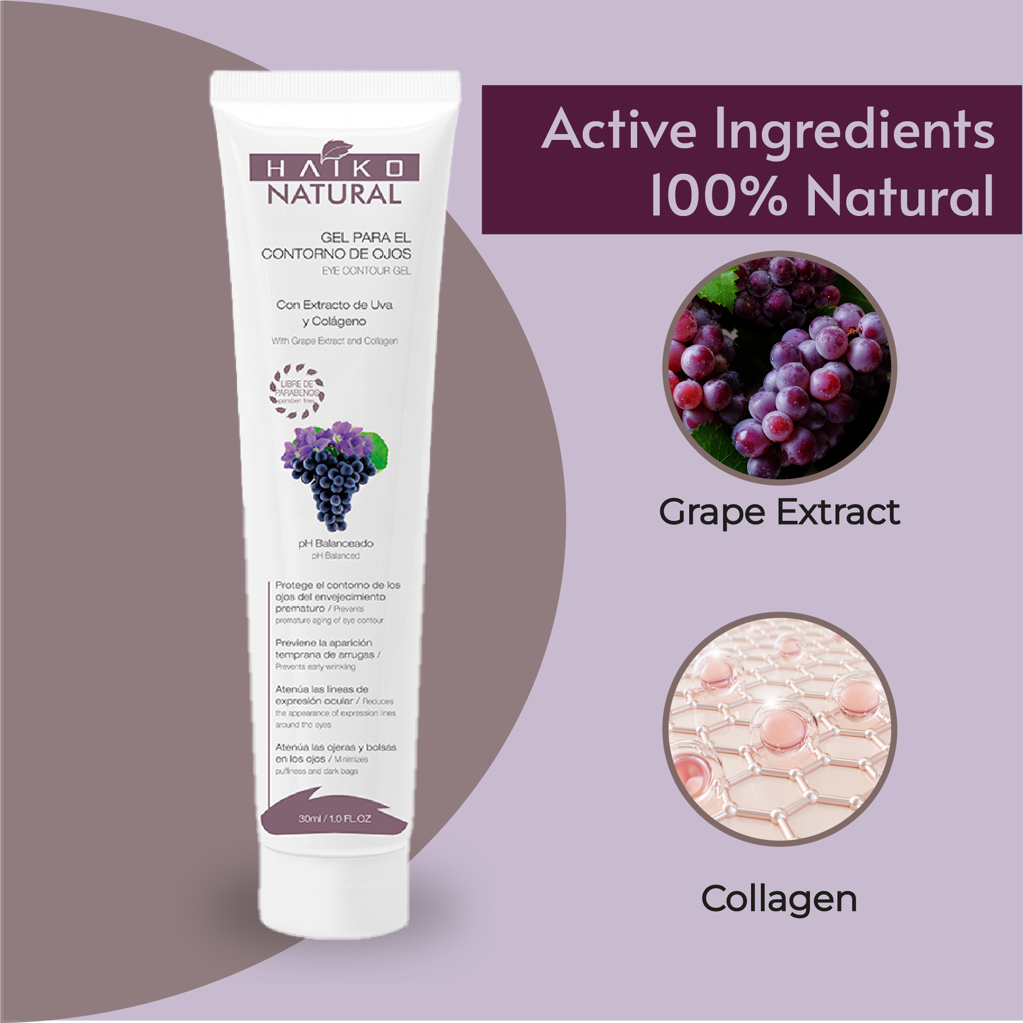 Eye Contour Gel with Grape Extract and Collagen - 30g | Helps Reduce Dark Circles and Fine Lines | Paraben-Free