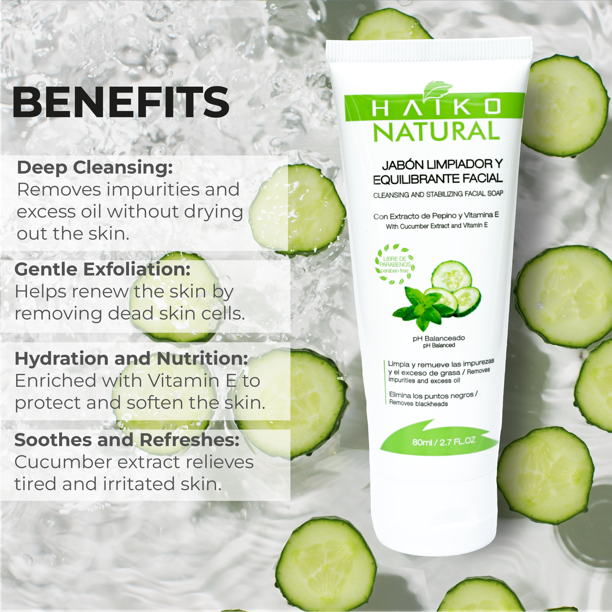 Facial Cleansing and Balancing Soap with Cucumber Extract and Vitamin E - 80g | Deep Cleanse and Gentle Exfoliation | pH-Balanced