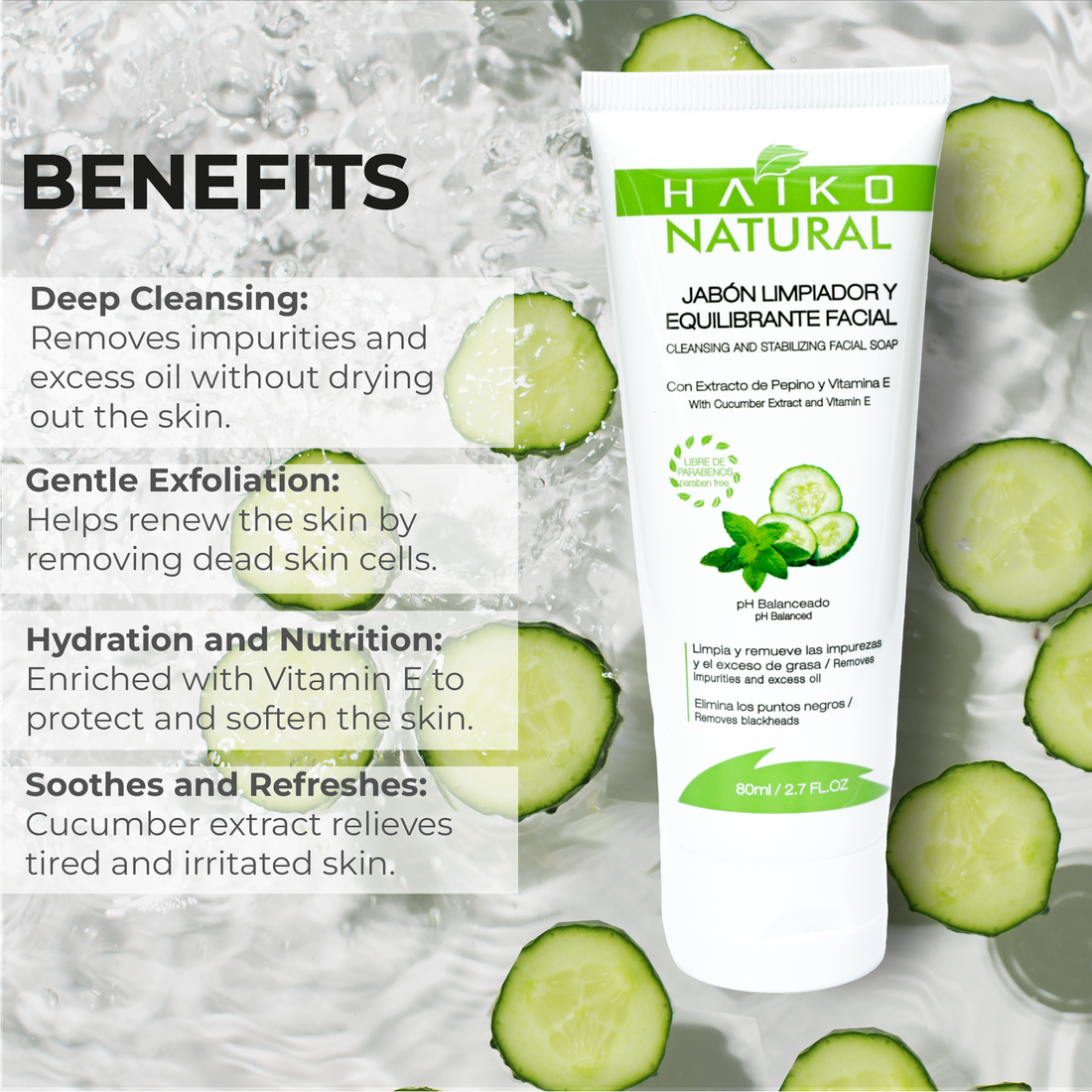 Facial Cleansing and Balancing Soap with Cucumber Extract and Vitamin E - 80g | Deep Cleanse and Gentle Exfoliation | pH-Balanced