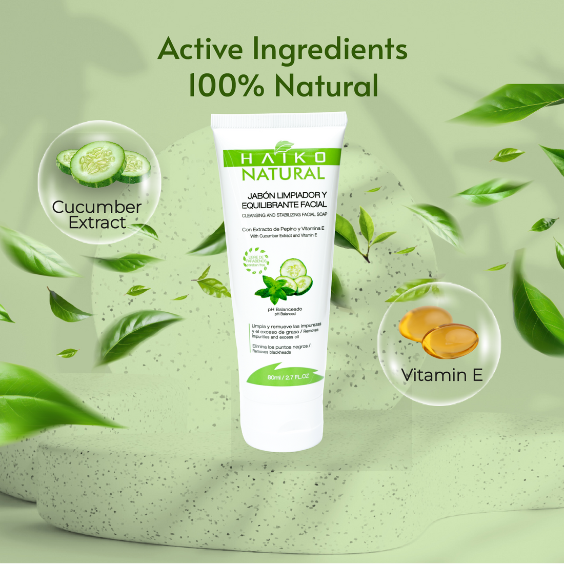 Facial Cleansing and Balancing Soap with Cucumber Extract and Vitamin E - 80g | Deep Cleanse and Gentle Exfoliation | pH-Balanced