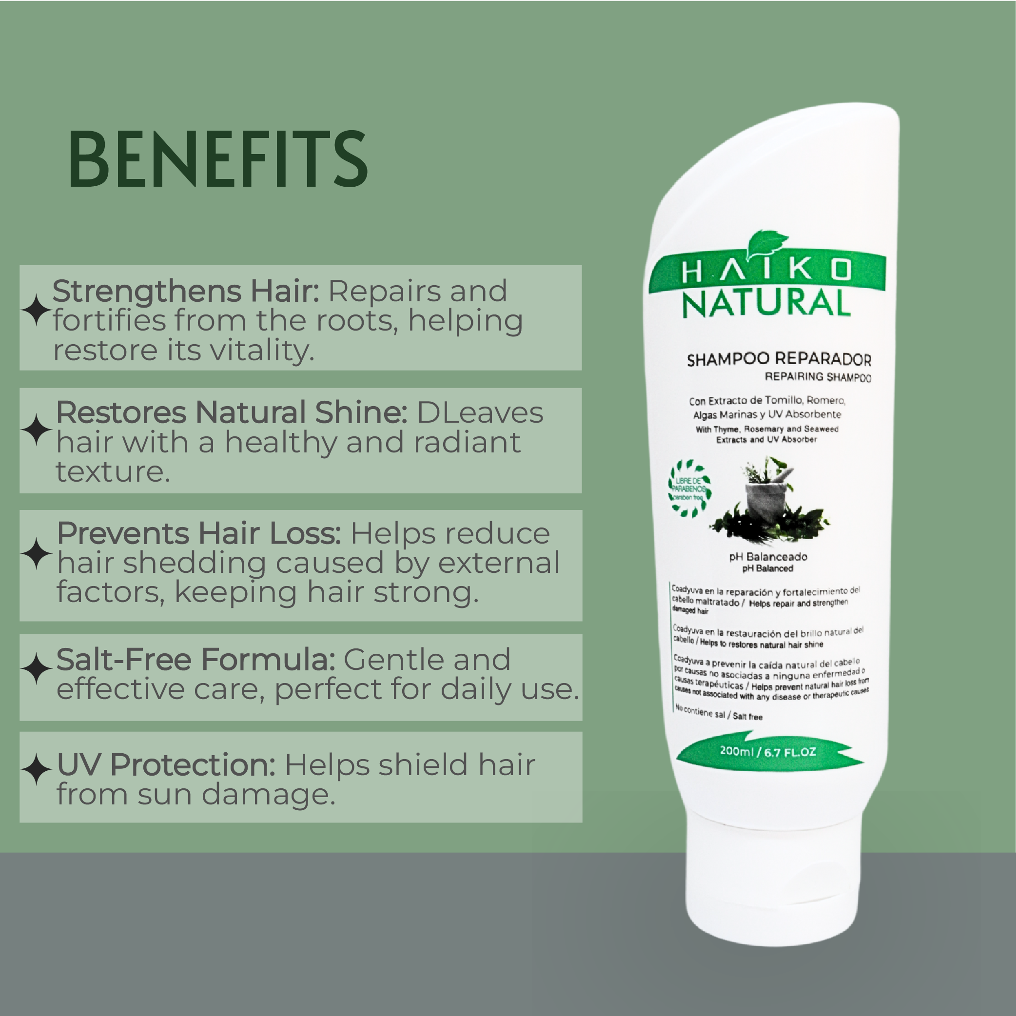 Repairing Shampoo with Thyme, Rosemary, Seaweed Extracts, and UV Filters - 200ml | Strengthens and Protects Hair