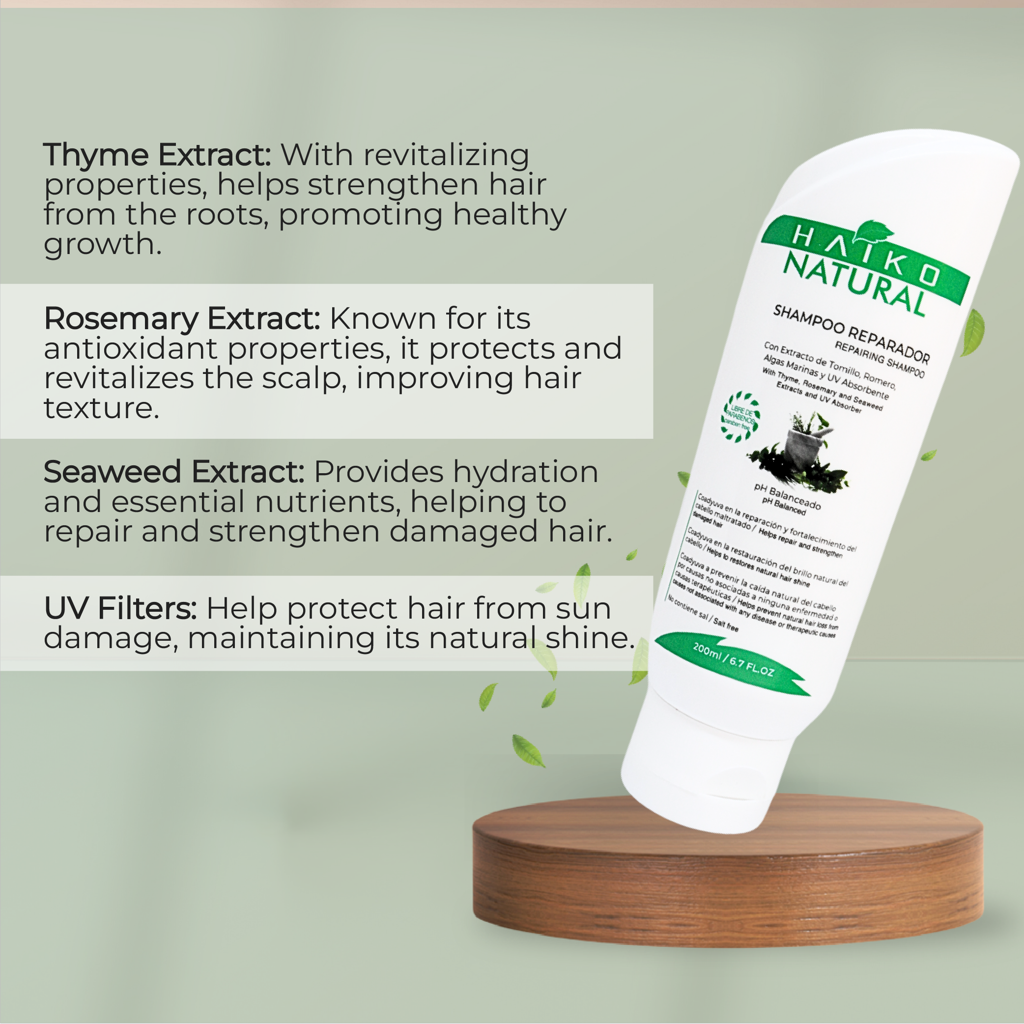 Repairing Shampoo with Thyme, Rosemary, Seaweed Extracts, and UV Filters - 200ml | Strengthens and Protects Hair