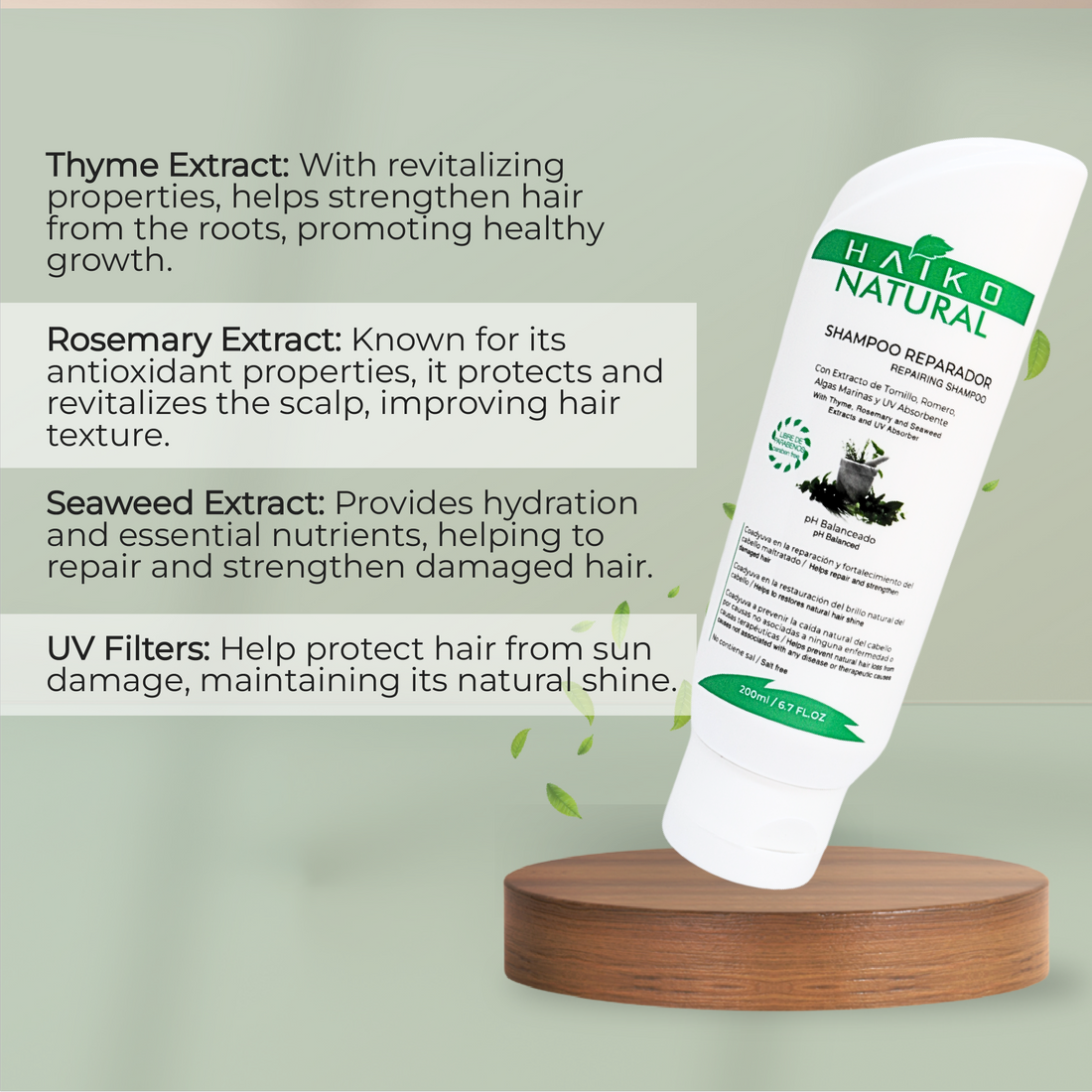 Repairing Shampoo with Thyme, Rosemary, Seaweed Extracts, and UV Filters - 200ml | Strengthens and Protects Hair