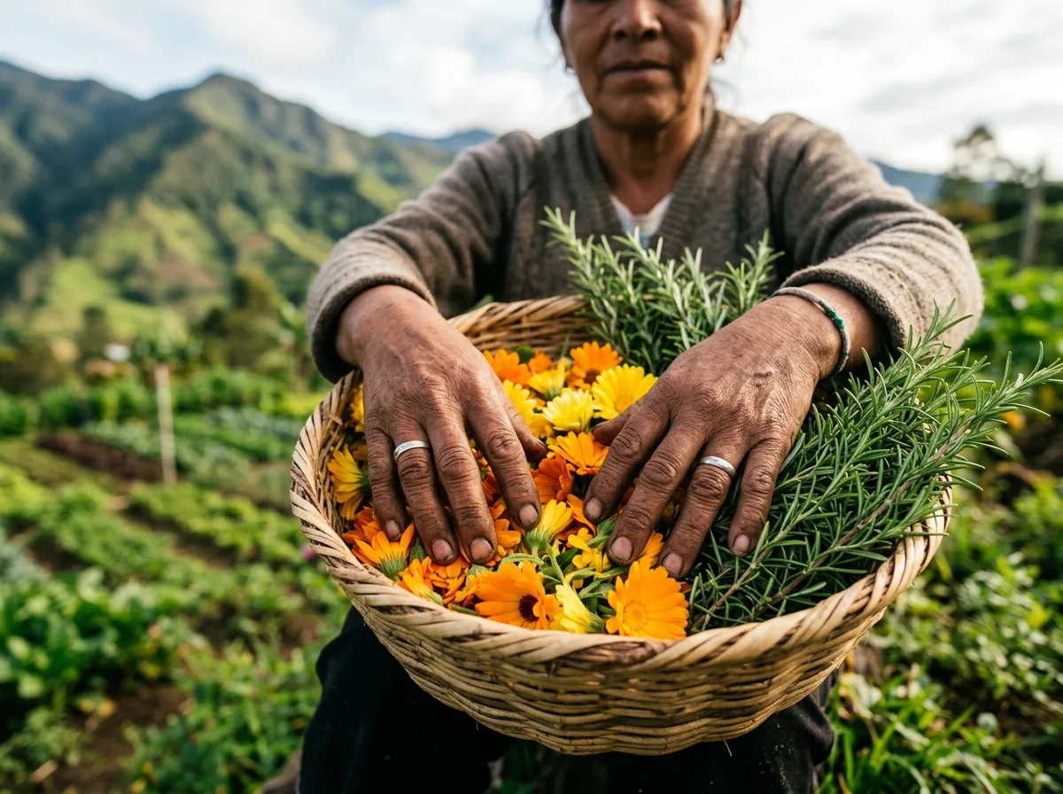 Freshly harvested calendula and rosemary